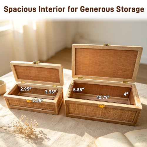Light Brown Bamboo Decorative Box Set with Lids - 2 Pieces Boho Keepsake Storage