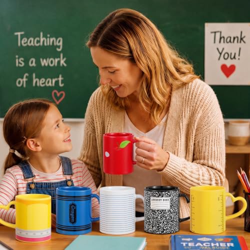 Back to School Colorful Teacher Mug Set of 6 - 10oz Ceramic Coffee Cups with Heart Handles