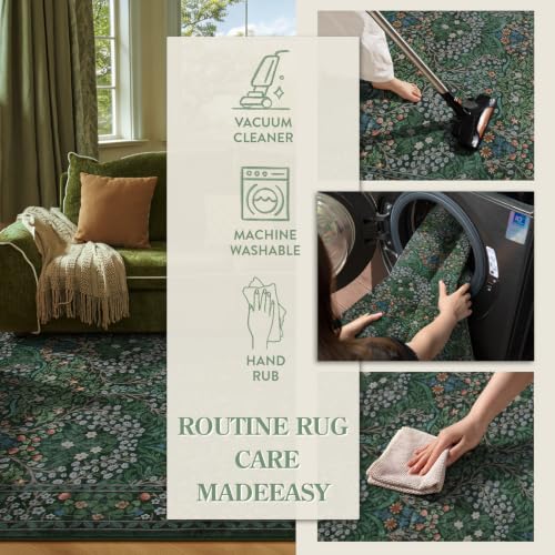 Dark Green Area Rug 8x10 - Washable Faux Wool Floral Pattern for Living Room - Variation of THIS listing