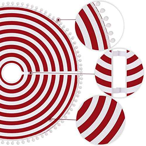HOHOTIME Christmas Tree Skirt, Red White Annual Rings 30 Inch Tree Skirt with Pom Pom Trim for Holiday Party Xmas Natural Rustic Tree Skirt for Holiday Home Decor