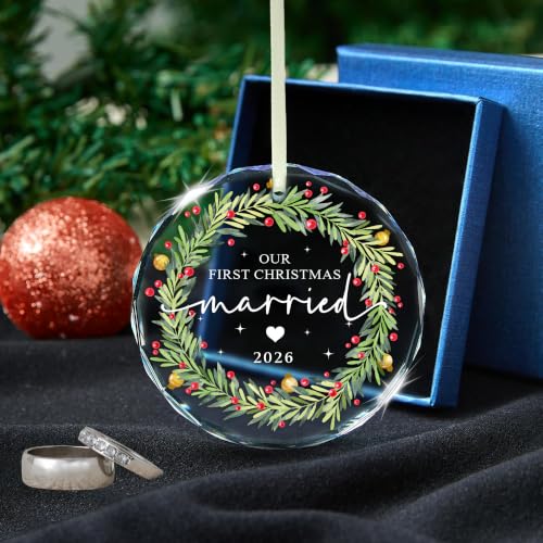 Our First Christmas Married 2026 Ornament – Glass Wreath Gift for Couples (With Navy Box)
