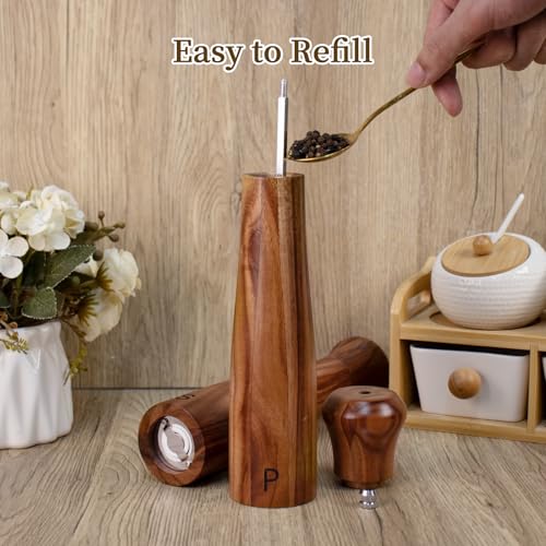 Haomacro 10-Inch Acacia Wood Salt & Pepper Grinder Set, Yellow Brown, 2 Pack