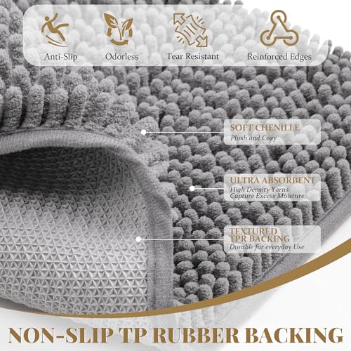 72 x 48 Inch Grey Bathroom Rug Mat - Thick Absorbent Chenille Non-Slip Bath Floor