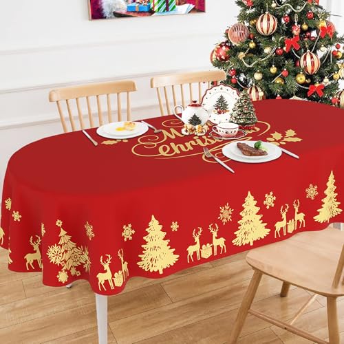 Faptoena Christmas Deer Oval Tablecloth 54x72 Inch Red with Gold Accent