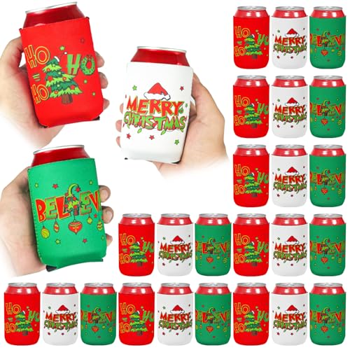 Cinrobiye Green Christmas Can Cooler Sleeves 24 Pack Reusable Holiday Beverage Holders