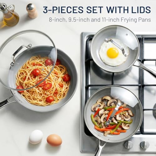 Kikcoin Ceramic Nonstick Frying Pans with Lids, 3 Pieces (8"+9.5"+11")