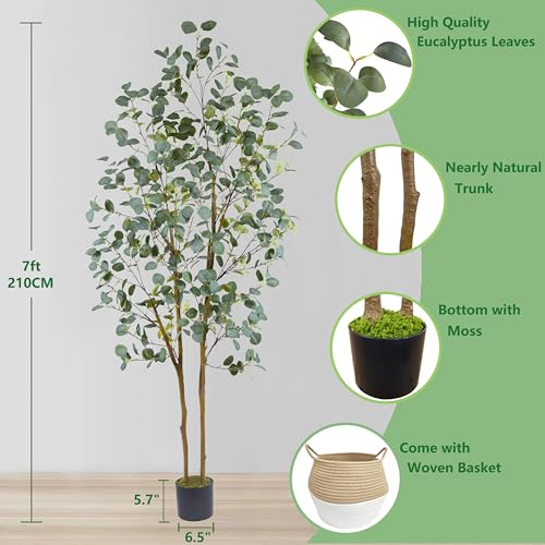 7ft Artificial Eucalyptus Tree with Basket - Realistic Faux Plant for Indoor & Outdoor Decor