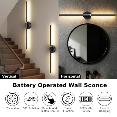 25 Inch Rechargeable LED Wall Sconces Set of 2 - Dimmable Modern Wall Lights with Remote Control
