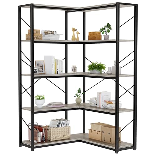 Corner Bookshelf 5-Tier L-Shaped Bookcase - Grey, Large Storage