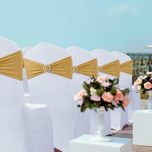 Babenest Spandex Chair Sashes - 100PCS Premium Stretch Covers with Buckle Slider for Weddings & Events | Gold