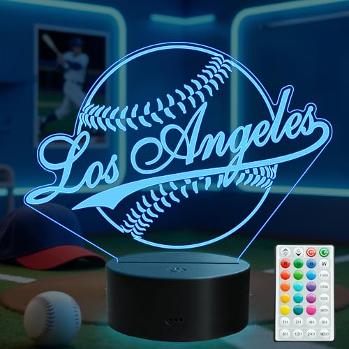 POSSHE Los Angeles Baseball Night Light – 3D Illusion Lamp, 16 Colors, Remote, RGB Flashing & Dimmable