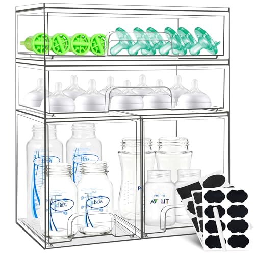 Baby Bottle Organizer 4-Pack Stackable Acrylic Drawers with Labels - 2 High+2 Wide Variation