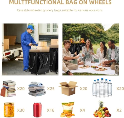 Large Black Reusable Grocery Bag with 5 Wheels Foldable Rolling Tote