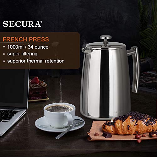 34-Ounce Stainless Steel French Press Coffee Maker with Extra Screen