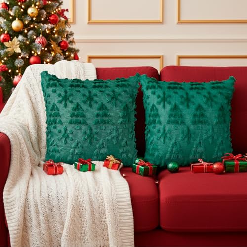 Faylapa Christmas Pillow Covers 16 x 16 inch Green Tree Set of 2