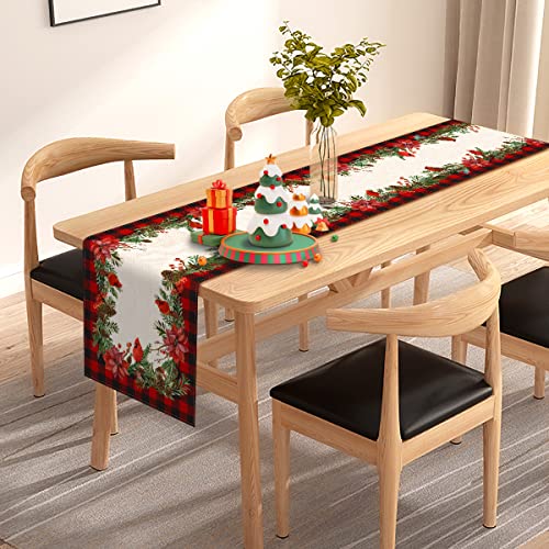 Christmas Cardinal Table Runner Buffalo Plaid Check Poinsettia Holly Xmas Winter Holiday Kitchen Dining Home Decorations (13" x 72")