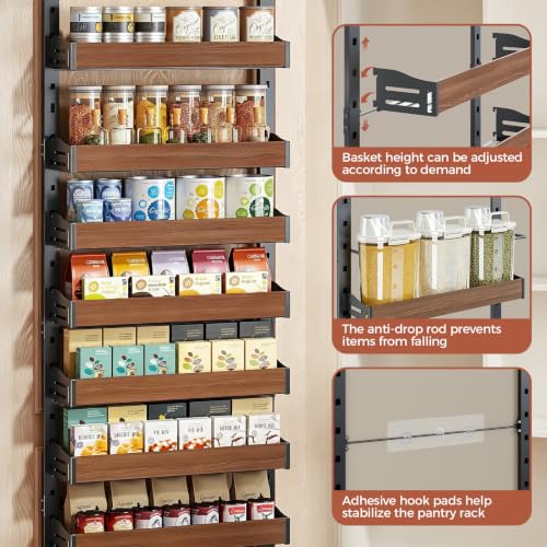 8-Tier Over-the-Door Pantry Organizer with Wooden Baskets - Black, 72.6 x 17.1 inches, Adjustable Shelves