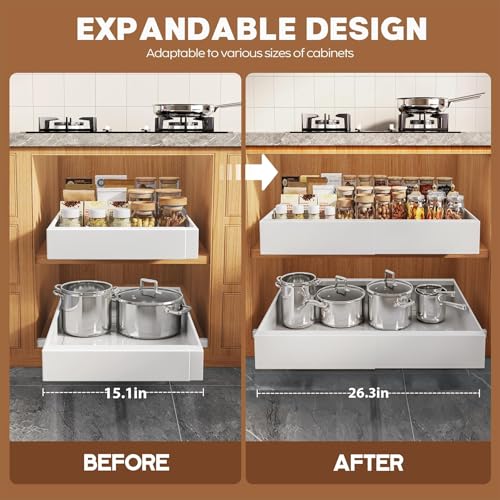 White 2 Pack Expandable Pull Out Cabinet Organizers for Wide Cabinets - 15.1 to 26.3 inch Width, 21 inch Depth, No Drill, Rolling Shelves