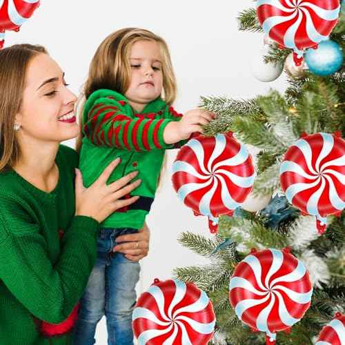 12 Pcs Red Candy Balloons, Christmas Foil Balloons, Large Candy Swirl Mylar Balloon Kit for Christmas Party Birthday Candy Themed Party Decorations