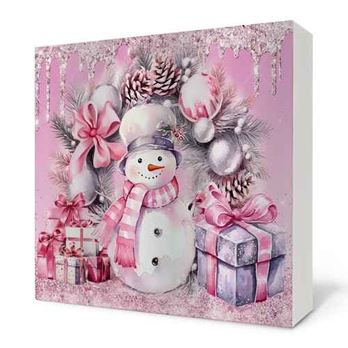 Pink Christmas Wooden Sign - Coquette Christmas Snowman Wooden Box Sign,Preppy Snowman Wooden Box Sign Christmas Desk Decor For Bedroom Living Room House Decorations,5x5 Inch