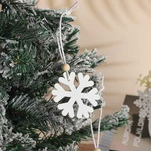 24PCS Wooden Snowflake Ornaments, White Hollowed Snowflake Christmas Tree Hanging Ornaments Rustic Crafts with Rope for Xmas Tree Decor