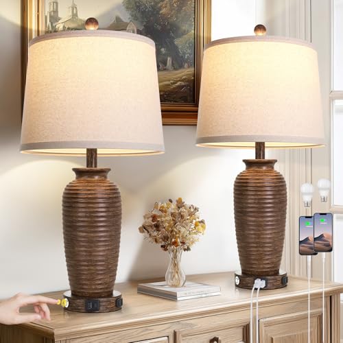 CINSARY 25-Inch Walnut Brown Farmhouse Jar Table Lamps Set of 2 with Touch Control & USB Ports