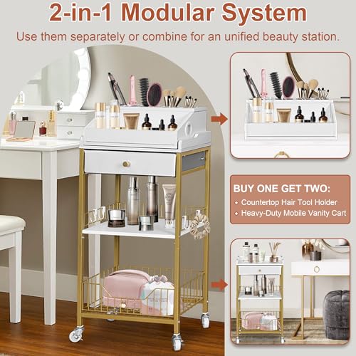 NauwaBarn Gold Makeup Organizer Cart with Detachable Hair Tool Holder