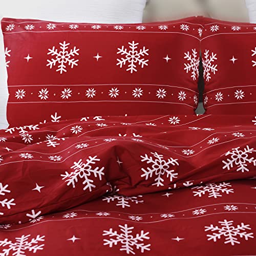 Vaulia Red Snowflake Microfiber Duvet Cover Set Queen - Festive Holiday Bedding