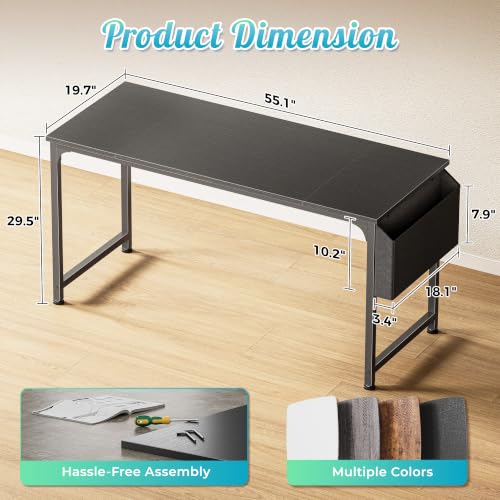 55-Inch Computer Desk with Fabric Storage Bag - Black Modern Workstation