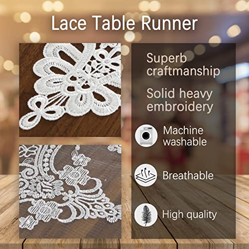 Jeloris White Lace Table Runner Dresser Scarf Macrame Floral Embroidered 12x82 in