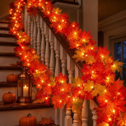 9FT Fall Garland with Lights - Connectable Outdoor Indoor Halloween Thanksgiving Decor - 2 Packs