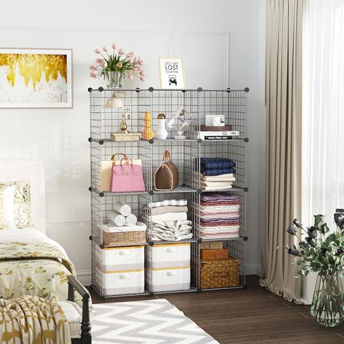 Wire Cube Storage Organizer 12-Cube Metal Grid Shelving - Silver Gray