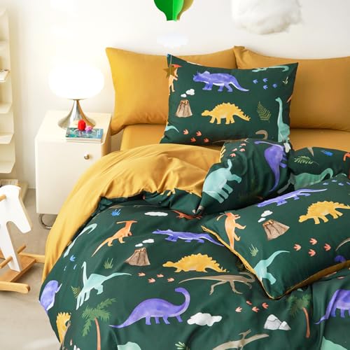 Twin Dinosaur Bedding Set for Boys - Dark Green 5-Piece Kids Bed in a Bag