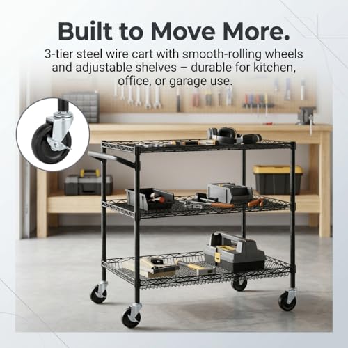 Heavy Duty 3-Tier Wire Utility Cart - 36"L x 24"W x 35.4"H, Black, NSF