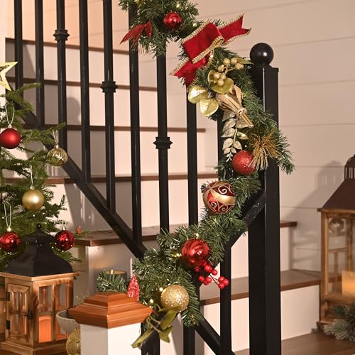 Valery Madelyn 9ft Pre-Lit Christmas Garland with Red and Gold Balls & Bow - Indoor & Outdoor Decor