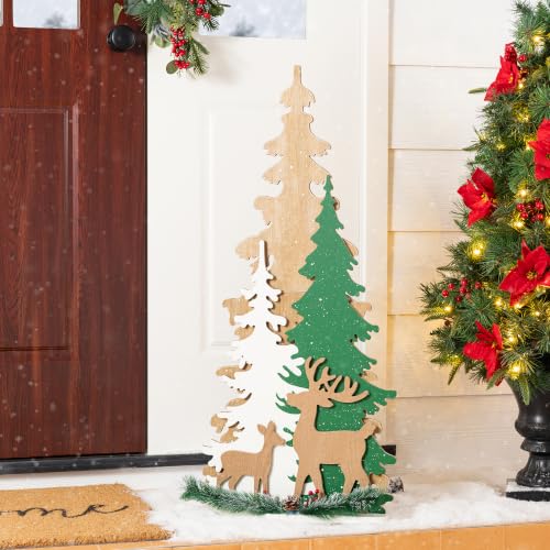 Woodland Trees Christmas Porch Sign with Reindeer & Pinecones - Holiday Front Door Decor - Variations Available