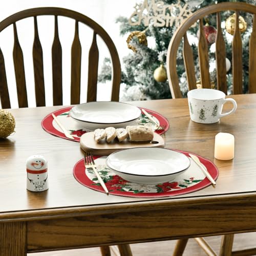 Artoid Mode Beige Leaves Poinsettia Round Placemats Set of 6 14 Inch Christmas Table Decor