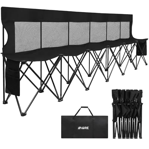 Portable Folding Soccer Bench - 6 Seats with Backrest, Black