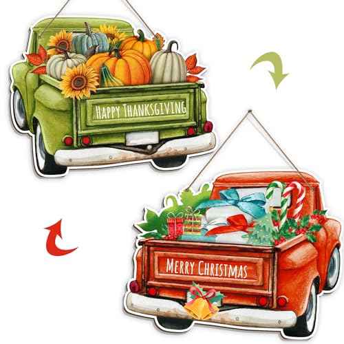 Happy Thanksgiving Decor Merry Christmas Decoration for Front Door Reversible Hanging Welcome Sign Farmhouse Cup-shaped Festival Plaque for Home Indoor Outdoor Yard