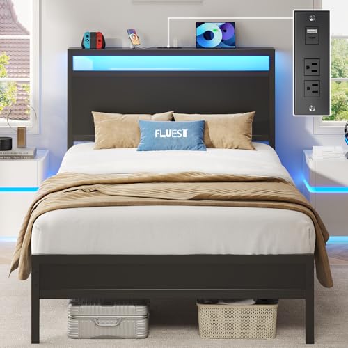 Twin Bed Frame with Headboard, Footboard, LED Lights & Charging Station - Classic Black