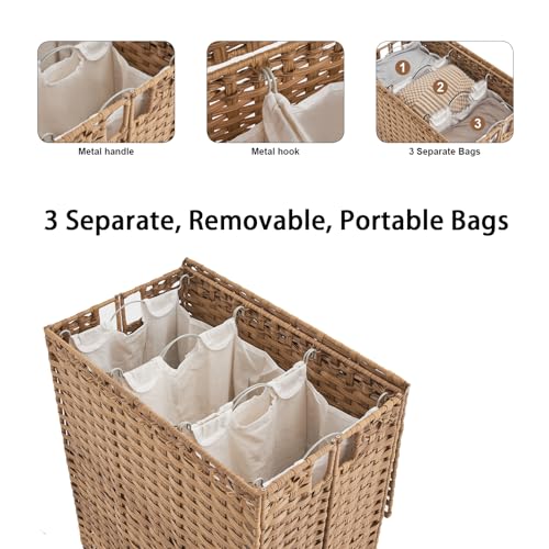 Natural Laundry Hamper with Wheels & Lid, 50.2 Gallons, 3-Section Rattan Basket