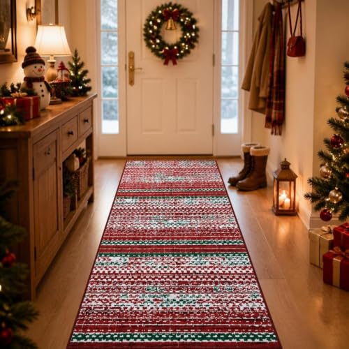 GarveeHome 2x8 Red/Green Christmas Runner Rug - Snowflake Hallway/Kitchen Mat