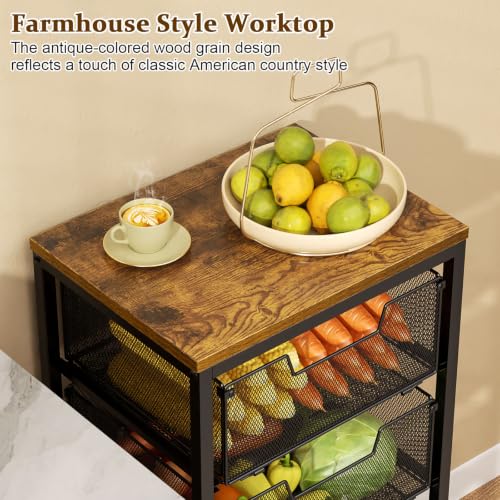 Brown 4-Tier Kitchen Rolling Cart with Drawers and Wooden Top for Fruits & Vegetables
