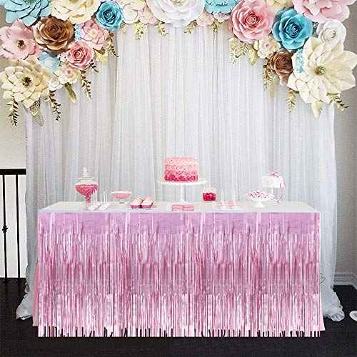 2 Packs Metallic Foil Fringe Table Skirt Pink Tinsel Table Skirt Garland for Rectangle Tables Hotel Floats Mardi Gras Holiday Birthday Wedding New Year Party Decoration (108 X 29 inch)