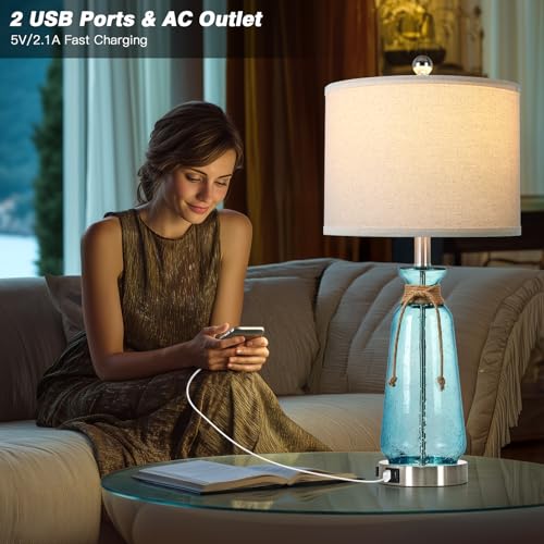 Coastal 26-Inch Dimmable Bedside Lamps Set of 2 with USB & AC Outlet - Teal