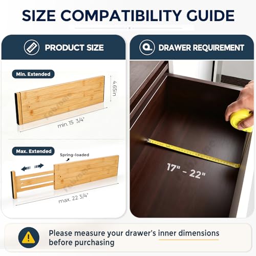Fabsome Bamboo Drawer Dividers 6 Pack for 17-22 Inch Deep Drawers – Adjustable Baby & Clothing Organizer