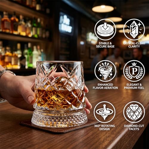 4PCS Spinning Whiskey Glass Set 9.5oz Lead-Free Crystal with LED Bases & Ice Molds