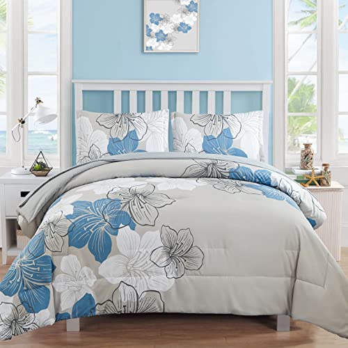 Queen Size Blue Floral Comforter Set with Sheets - 7 Pieces Bedding in a Bag