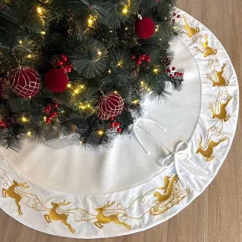 Ivory 60-Inch Velvet Christmas Tree Skirt with Gold Reindeer & Santa Embroidery, Lace Ties