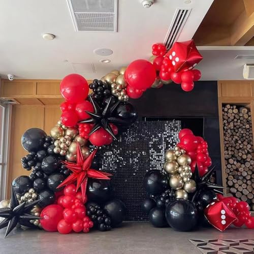 153Pcs Red and Black Gold Balloons Garland Arch Kit with Stars - 22 18 12 10 5 inch Different Latex Balloons for Anniversary Casino Night Hollywood New Years Movie Night Prom Party Decorations